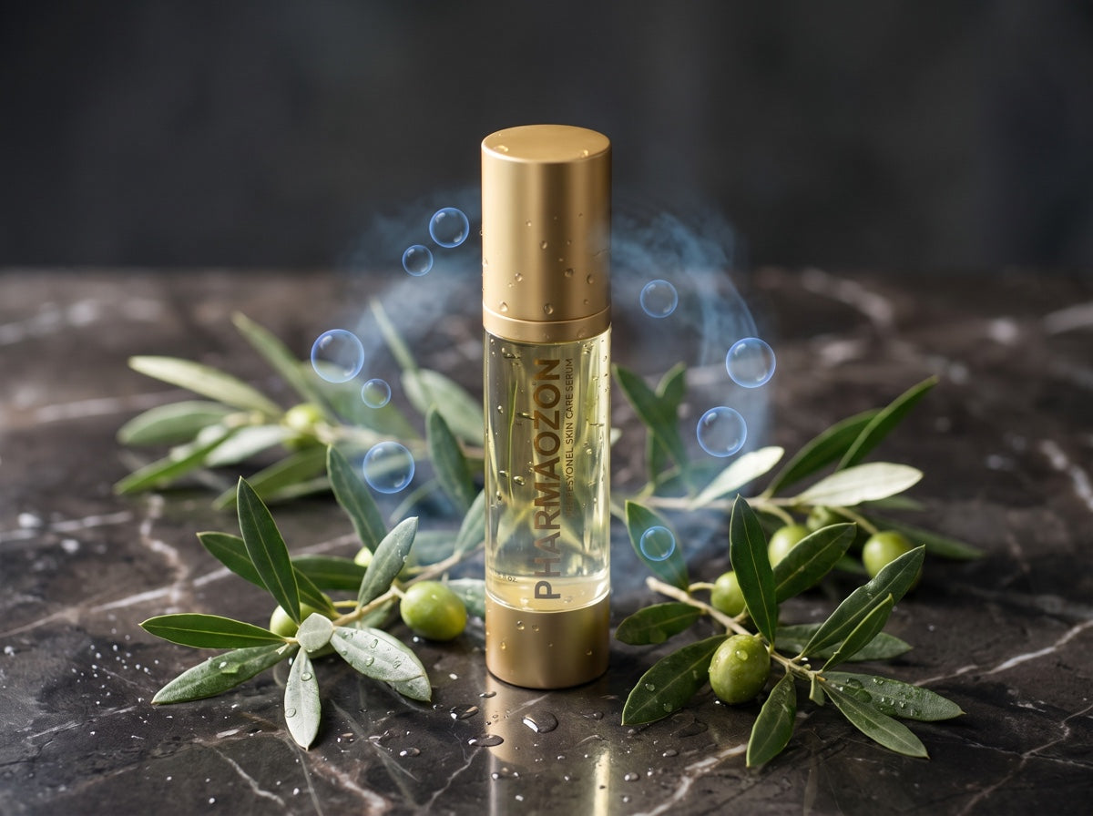 Pharmaozon ozonlu serum, zeytin dalı ve ozon kabarcıkları
